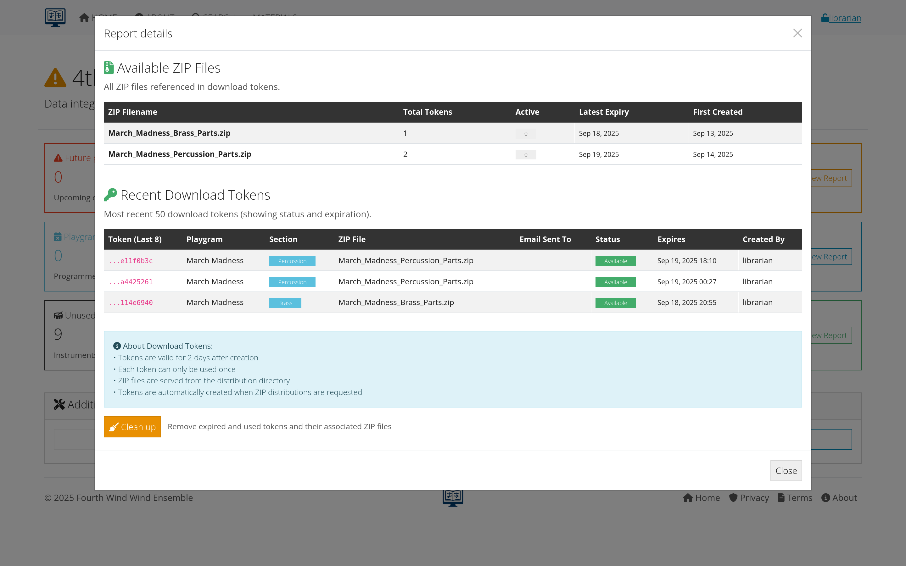 Reports and download token screenshot